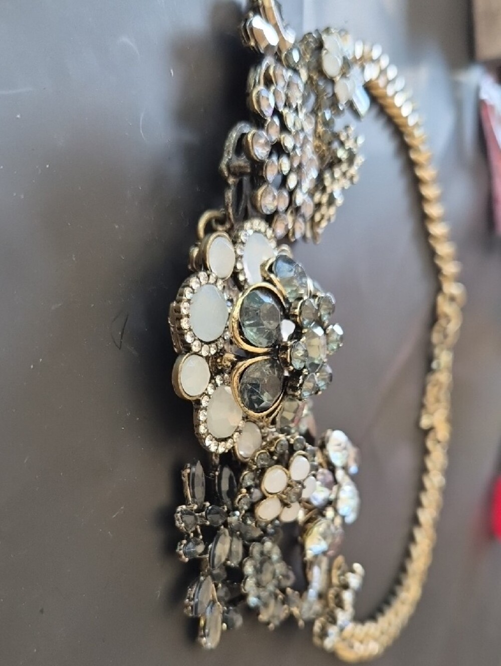 Statement Floral Crystal Necklace – Gold with Green/Gray and White Accents - Picture 3 of 5